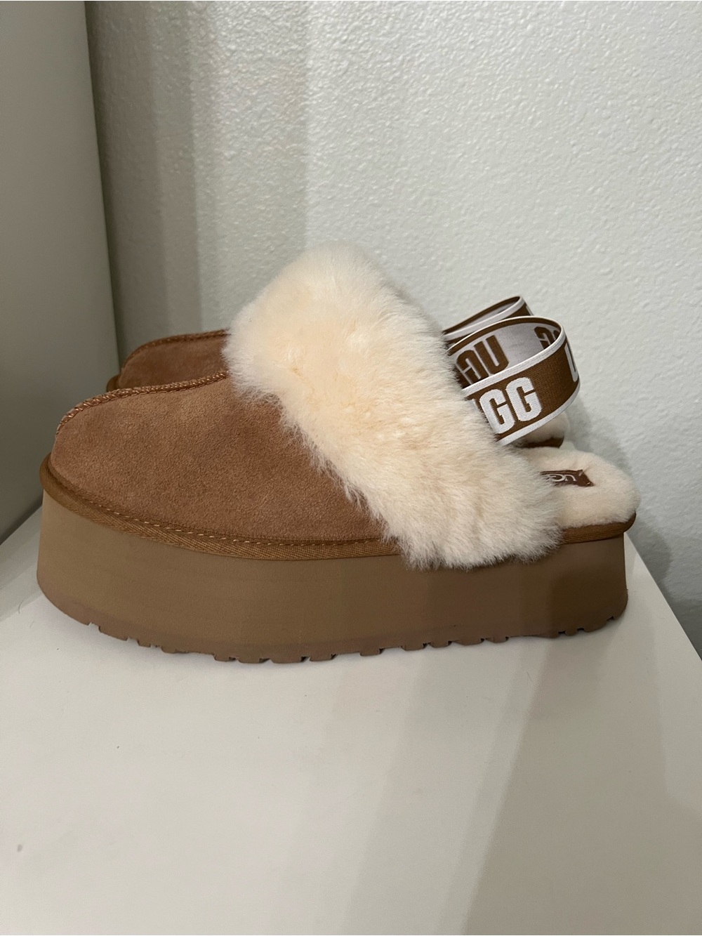 UGG Chestnut Suede Platform Shearling Clog with Cream Fur Trim